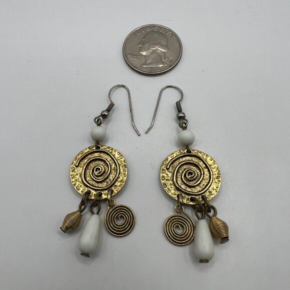 Vintage Pierced Earrings Gold Tone Embellished Disk with Beads Silver Tone Wire - Picture 5 of 6